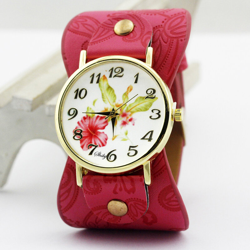 Shsby nova chegada impresso pulseira de couro relógio de pulso banda larga vestido relógio com flores moda feminina relógio casual presente da menina