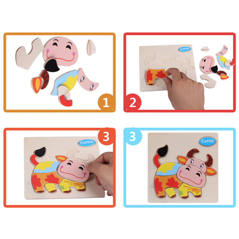 Quebra-cabeças 3d de madeira para crianças, brinquedo educacional com desenho de animal, tráfego, inteligência para crianças