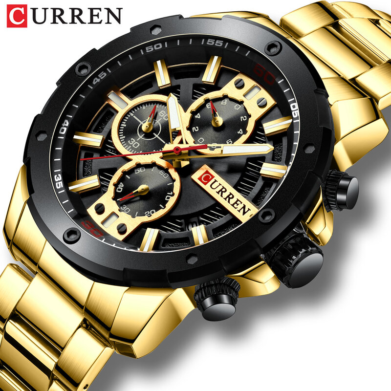 CURREN – montre-bracelet classique en acier inoxydable, marque de luxe, grand cadran, or Business, chronographe multifonction, étanche, horloge de Date