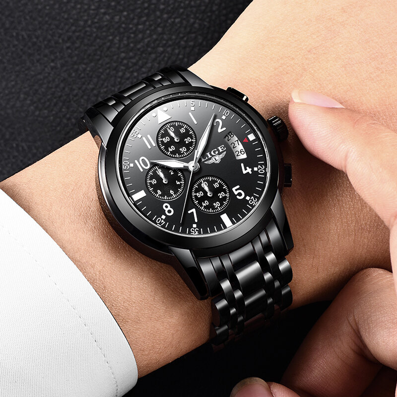 LIGE Luxury แฟชั่นธุรกิจ Quartz นาฬิกาผู้ชายกีฬาเหล็กทั้งหมดกันน้ำนาฬิกาสีดำ Relogio Masculino