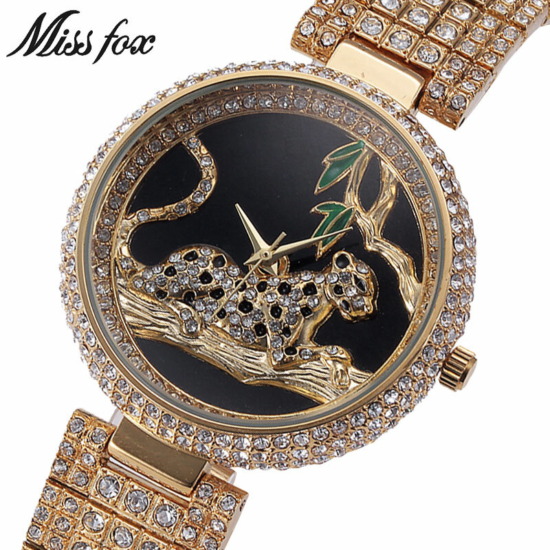 MISSFOX-relojes de lujo con diamantes de imitación para mujer, relojes de pulsera femeninos de cuarzo dorado