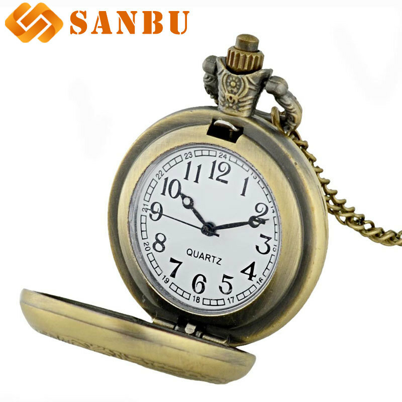 Relógio de bolso vintage unissex de bronze, relógio de quartzo com pingente de colar