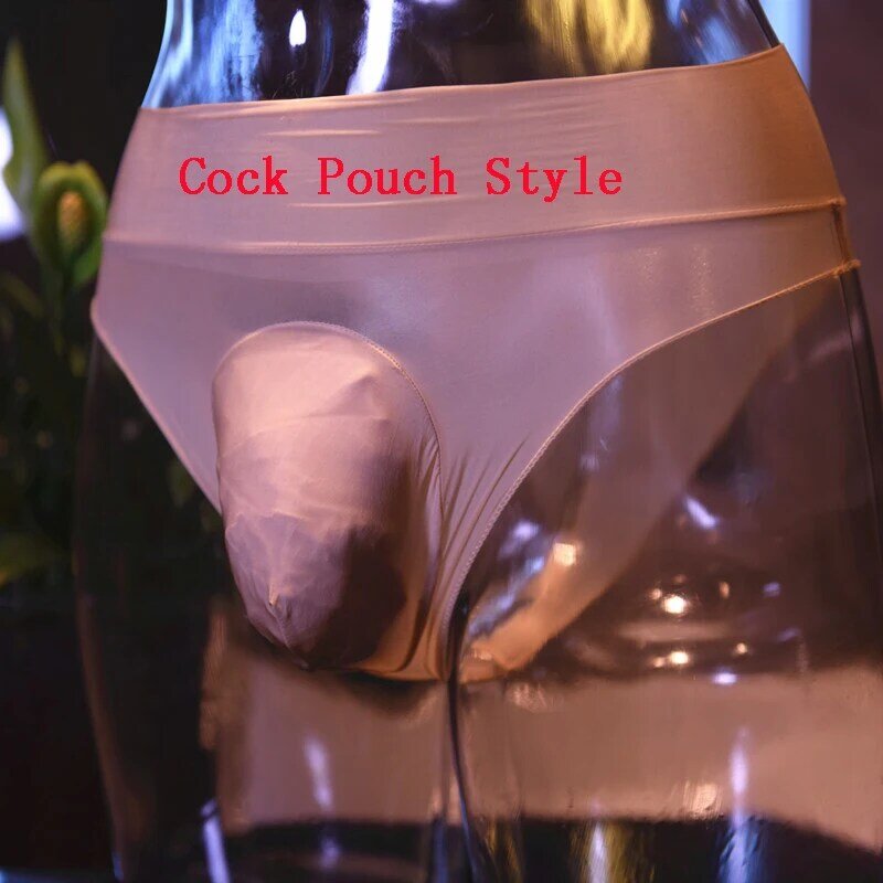 Men Bright Oil Ice Silk Breathable Thin Briefs sheath shaft close open pouch Erect Hot Sexy Underwear