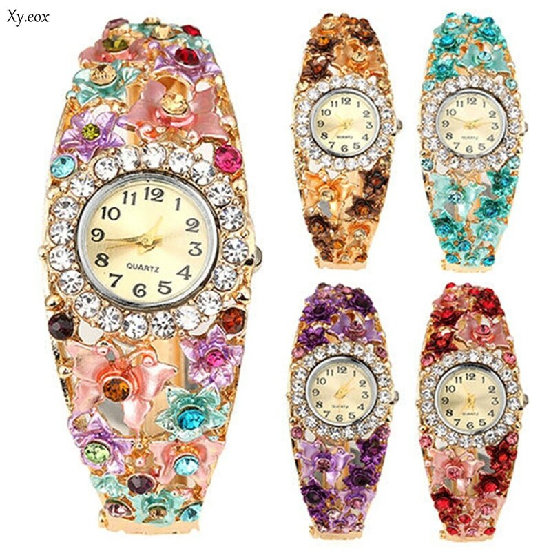 Frauen Schmetterling Blume Kristall Strass Armband Armreif Quarz Armbanduhr