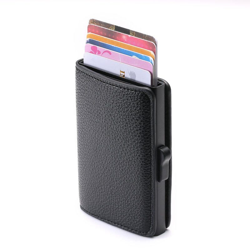 Zovyvol wysokiej jakości miękka skórzana karta blokująca Rfid portfel posiadacz karty wielofunkcyjny boczny Push portfel etui na dowód