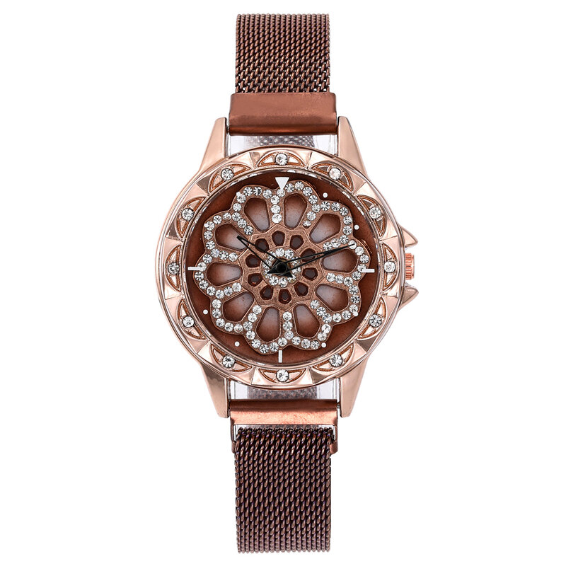 Relógio de pulso giratório 360 graus feminino, relógio de malha fecho magnético estrelado céu, relógio de luxo estiloso geométrico de quartzo para mulheres
