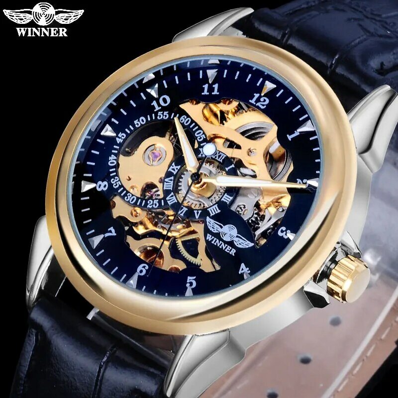 Winner relógio masculino e feminino, relógio mecânico de mão e vento, pulseira de couro pu, cobertura de vidro na cor preta dourada