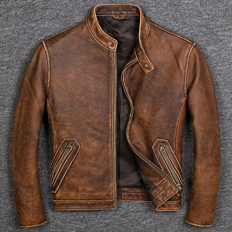 Jaqueta de couro clássico do estilo casual da marca, roupa de couro genuíno dos homens 100%. casaco de couro do motociclista da qualidade do vintage.