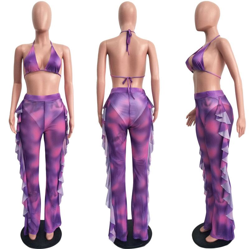 Adogirl Tie Dye Print Mesh Summer Beach Two Piece Set with Panties Women Sexy Bra Halter Crop Top Ruffle Wide Leg Pants Suit