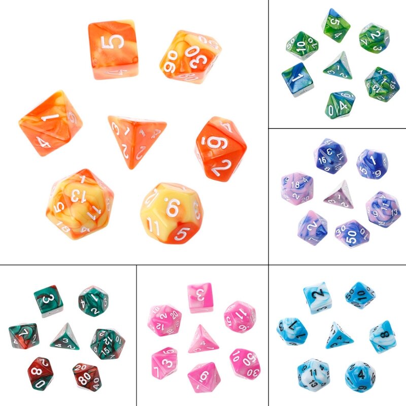 7pcs/set Polyhedron 2-color D&D Dice with Marbled Effect D4 D6 D8 D10 D10% D12 D20 Black Red Blue Color Clear Playing Dice