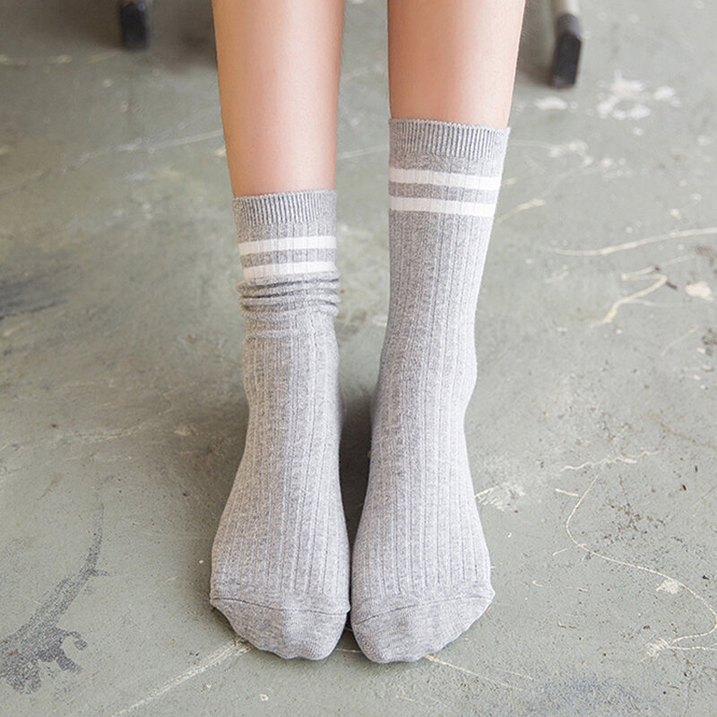 Женские хлопковые носки с ворсом, спортивные носки в стиле Харадзюку с двумя полосками, Осень-зима