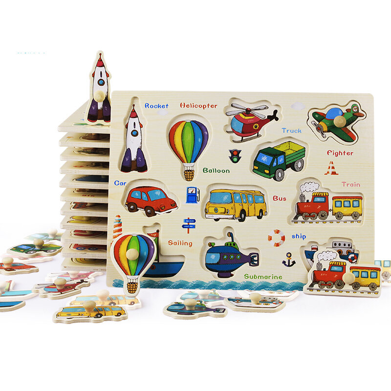 Quebra-cabeças de madeira para bebês, jogo educacional, veículo desenho, animal marinho, presente para crianças