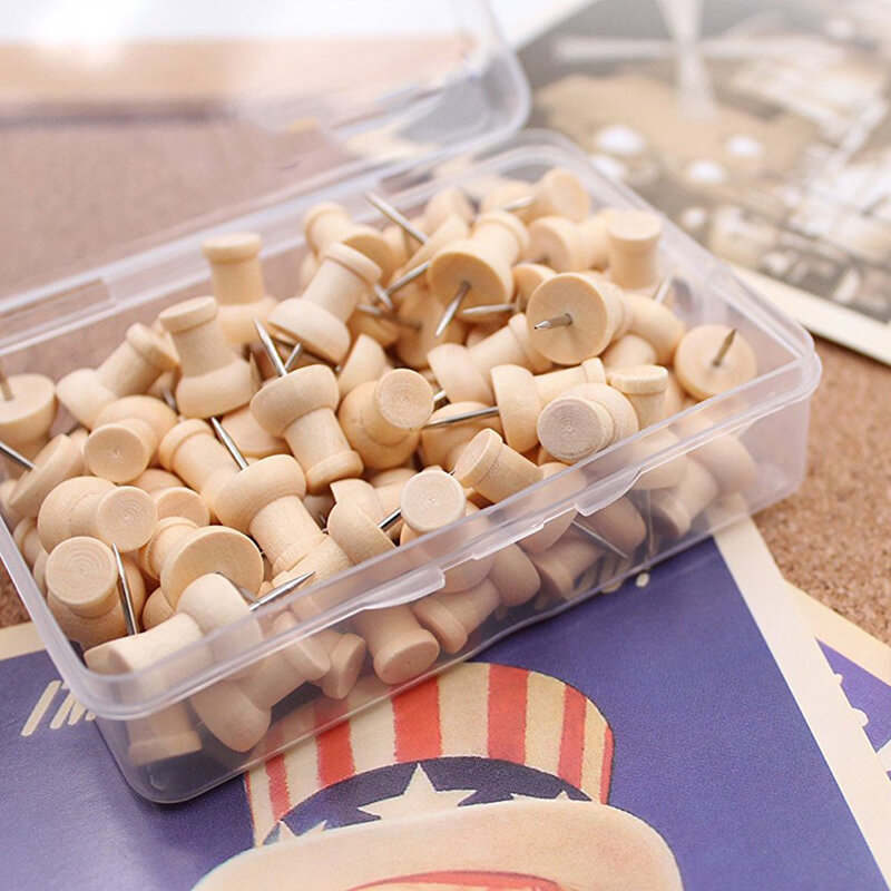80pcs H-Shape Wood Decorative Push Pins, Wood Head and Steel Needle Point Thumb Tacks for Photos, Maps and Cork Boards