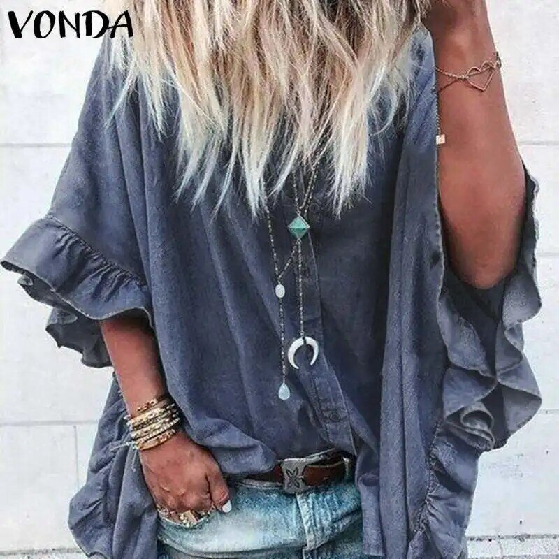 VONDA-여성 캐주얼 라펠 넥 버튼 하프 슬리브 프릴 블라우스, 섹시한 튜닉 오피스 레이디 셔츠 블라우스