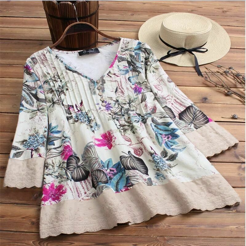 New Shirt Women Large Size Vintage Blouse Floral Print Patchwork V Neck Long Tops Long Sleeves Lace Splicing Blouse BS361