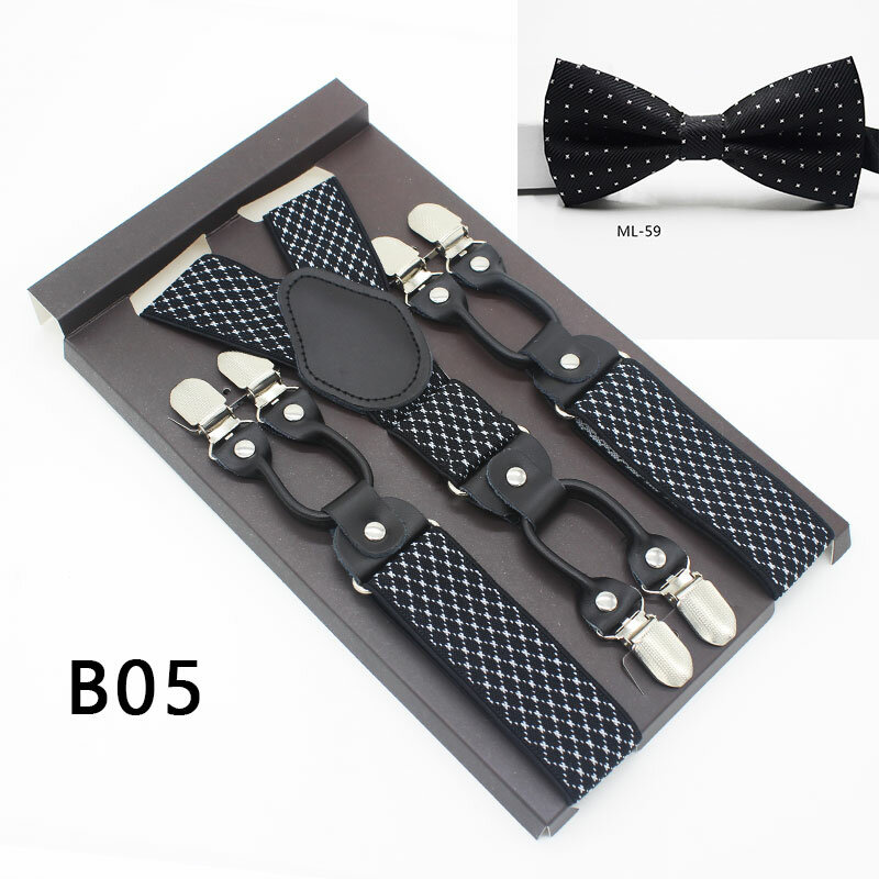 6 Clips Braces Men's Fashion Suspenders Bowtie Sets Plaid Geometric Pattern Leather Vintage Suspensorio Tirante Trousers Strap