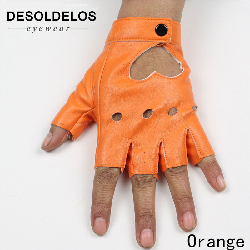 DesolDelos Women's Semi Finger Hip Hop Gloves Lady's Leather Heart Cutout Sexy Fingerless Gloves Girls Performance Dancing Glove