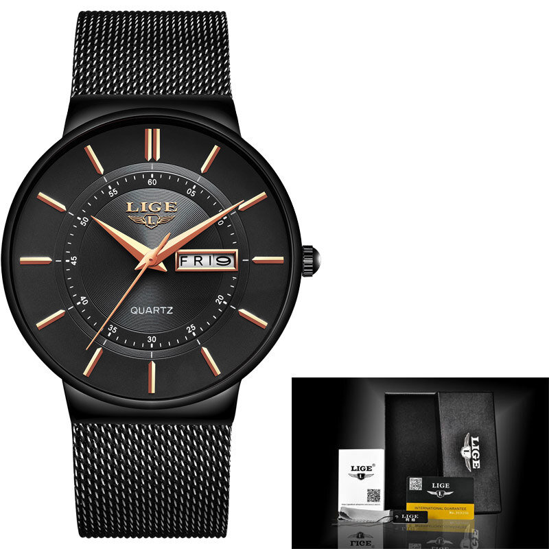 LIGE Fashion Casual Men's Watch Top Brand Luxury Watch Simple Analog Steel Mesh Belt Watch Waterproof Quartz Clock Sports Watch