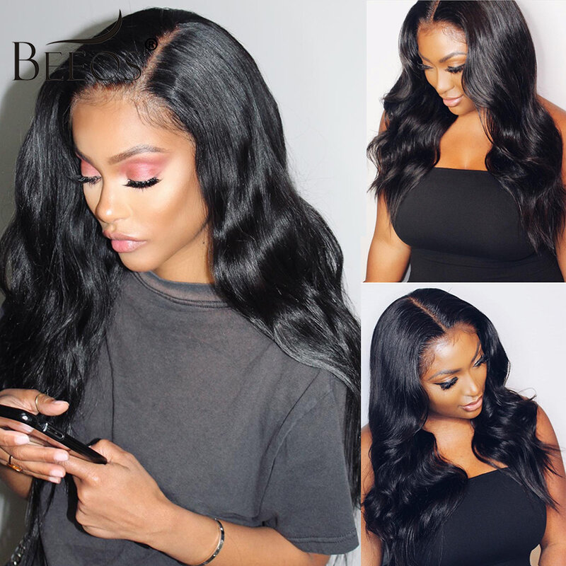 Perruque Lace Frontal Wig 180% Body Wave brésilienne Remy – BEEOS, cheveux naturels, 13x4, pre-plucked, avec Baby Hair, 360, 180%