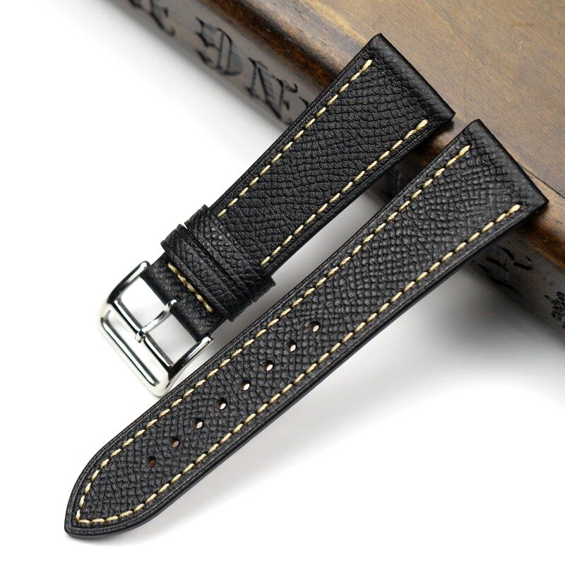 PASTARY Handmade Pebbledหนัง22มม.24มม.สีดำสีฟ้าสีเทาสายหนังHหัวเข็มขัดนาฬิกาผู้ชายนาฬิกาอุปกรณ์เสริม