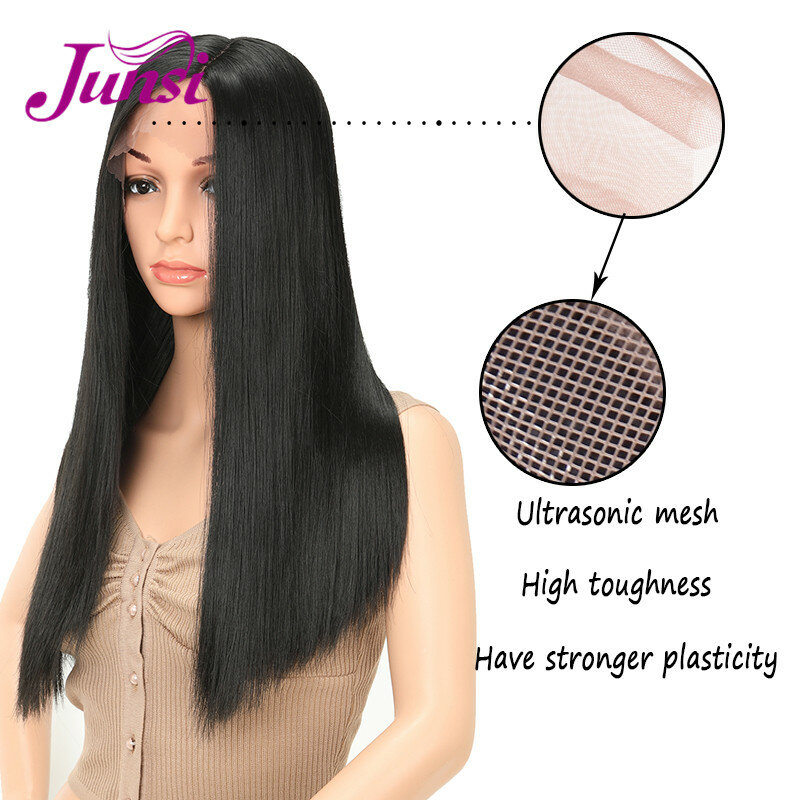 Junsi peruca longa e preta, peruca de renda frontal sintética lisa para mulheres com parte interna, cabelo de fibra resistente a calor