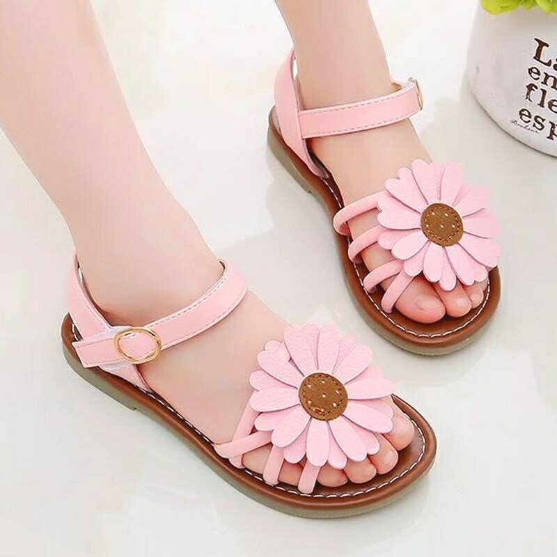 CUZULLAA-zapatos infantiles para niñas, sandalias para niñas pequeñas de cuero PU, zapatos con flores y sol, traje de gladiador de princesa para verano