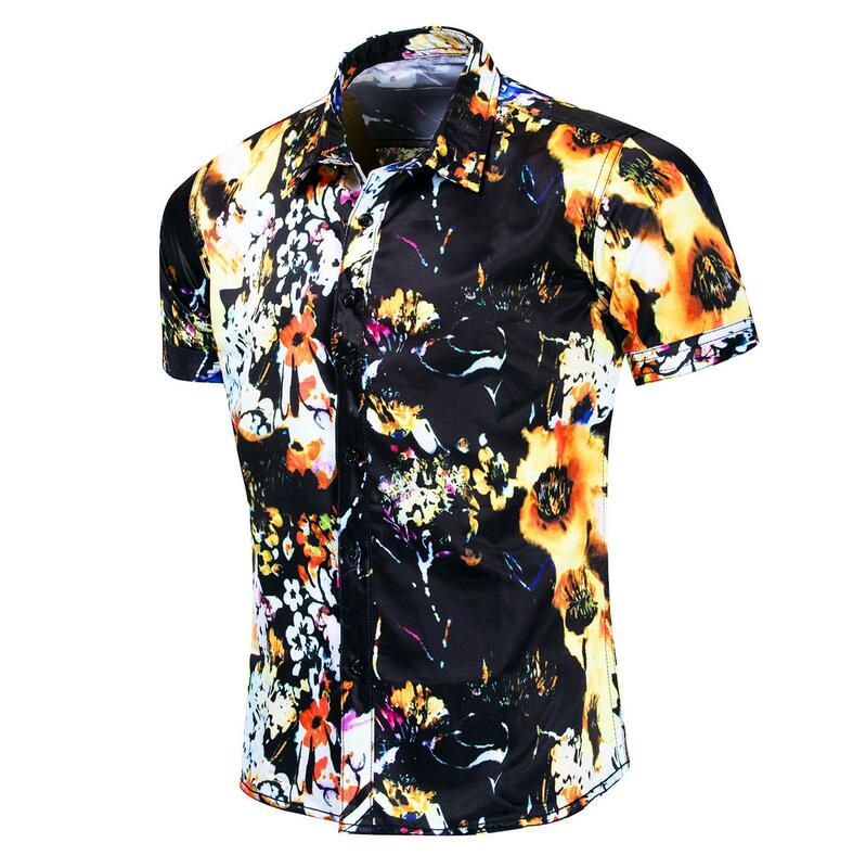 Masculino Impressão Floral Turn-Down Collar Mangas Curtas Camisas de Algodão do Outono do Verão Camisas de Férias Casual Soltos Camisas Nova D210