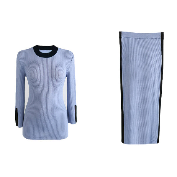 Conjunto de 2 piezas para mujer, traje de 2 piezas, suéteres de punto de color impactante, blusa, Tops y faldas largas de cintura alta, Top corto y falda 2021