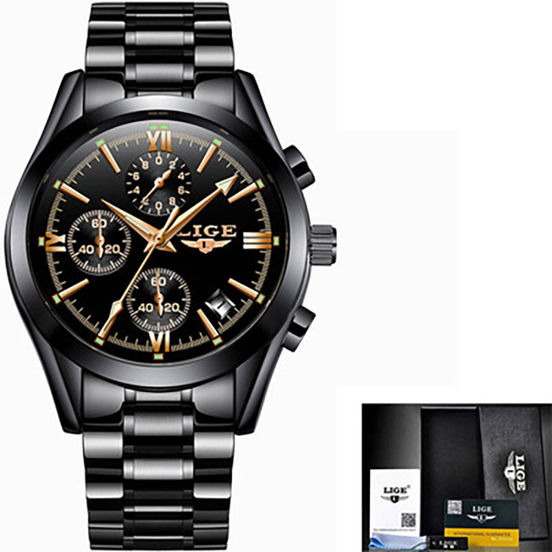 LIGE-reloj analógico de acero inoxidable para hombre, accesorio de pulsera de cuarzo resistente al agua con calendario, complemento Masculino deportivo de marca de lujo con diseño moderno en color negro