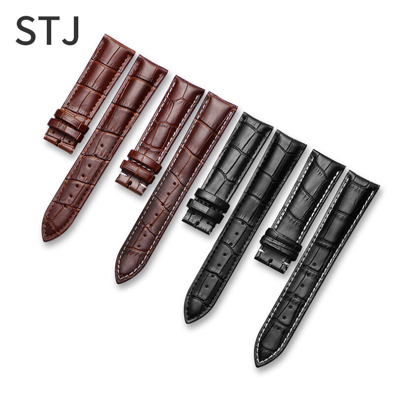 STJ Brand Calf Genuine Leather Black Watch Band Strap for Watchband size 18mm 19mm 20mm 21mm 22mm 24mm Watch wristband Bracelet