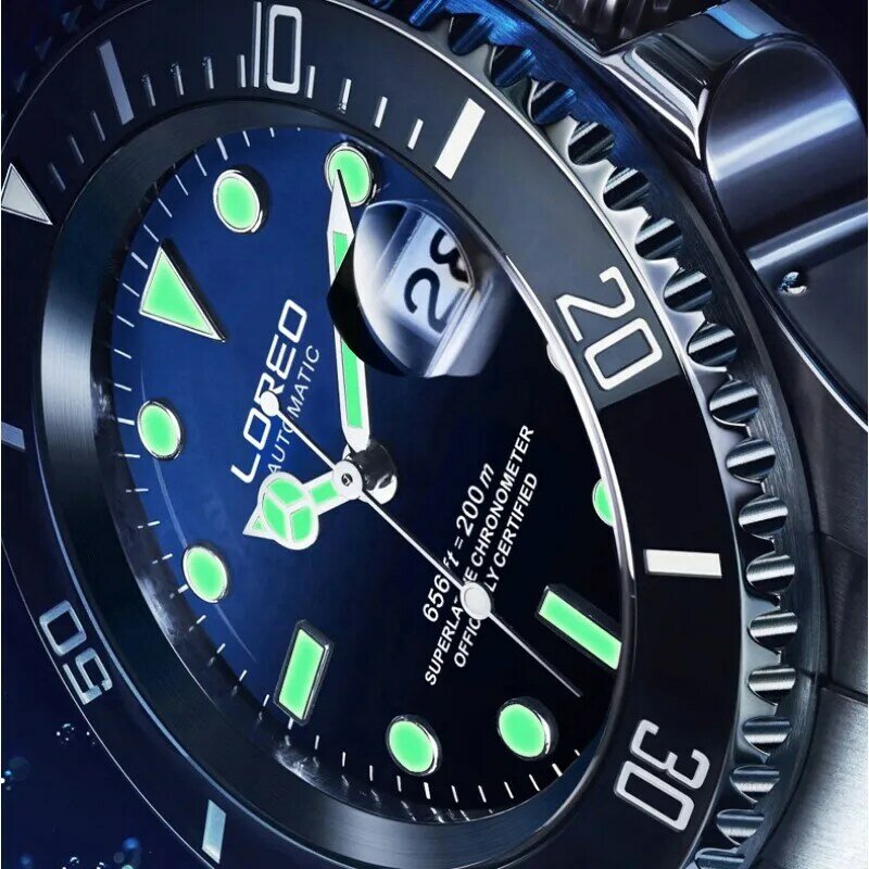 Montre homme loreo relógio de mergulho 200m à prova dwaterproof água relógio mecânico men automático safira calendário hd luminosa gaivota relógios