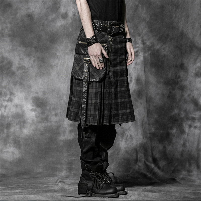 브라운 고딕 펑크 스코틀랜드 킬트 의상 더블 포켓 남성 스커트 벨트 격자 땋은 스커트 양면 포켓 체인 스커트
