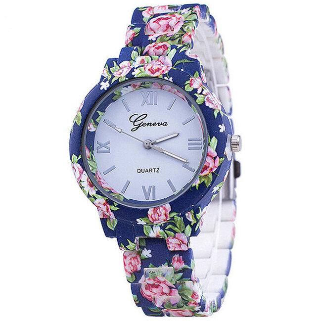 새로운 꽃 여성 시계 제네바 백금 인쇄 꽃 플라스틱 밴드 아날로그 석영 여성 손목 시계, 빈티지 패션 숙녀 시계