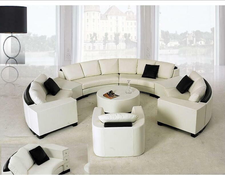 Sofá de couro redondo com efeito personalizável, almofada para a sala de estar, moderna combinação de sofá de couro curvo com fundo redondo