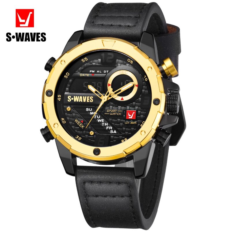 SWAVES marka zegarek z podwójnym wyświetlaczem Waches wodoodporny LCD cyfrowe zegarki na rękę skórzany pasek kwarcowy mężczyźni zegar Relogio Masculino