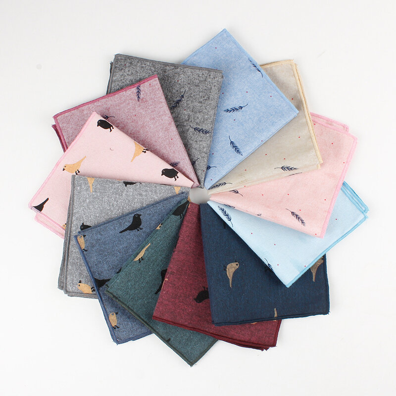 Casual Cotton Men's Handkerchief Birds Feather Printed 12 Colors Soft Pocket Square Ties Business Suits Hankies 24*24cm