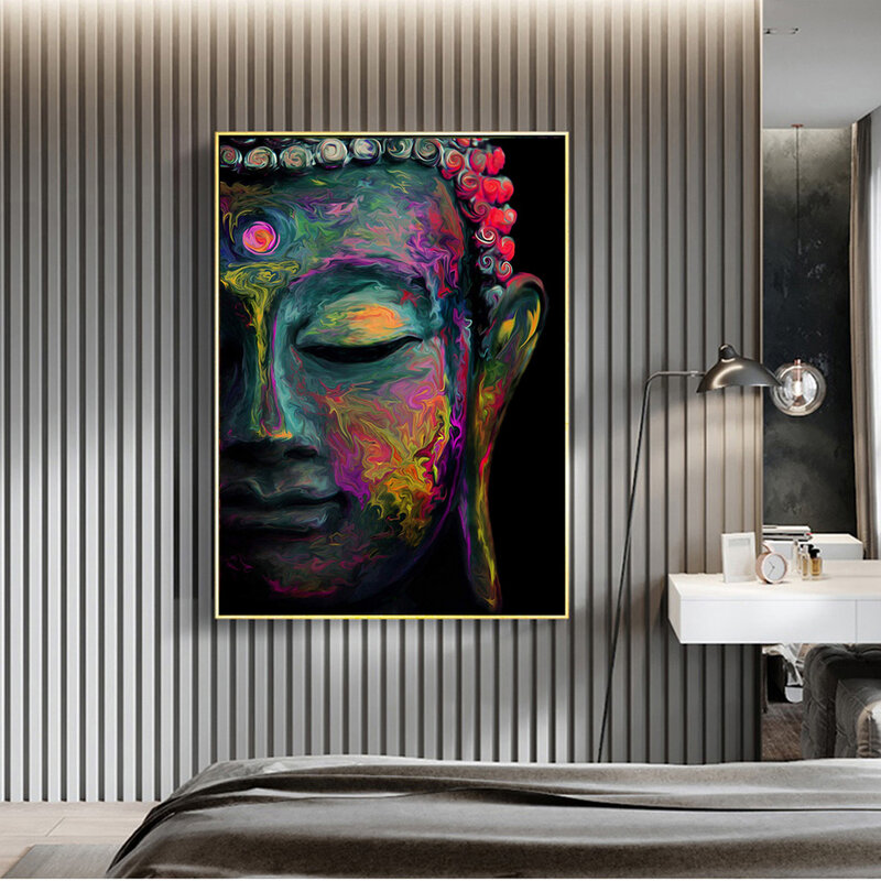 بوذا قماش كتاني للحائط صور الملصقات والمطبوعات الحديثة الملونة رئيس بوذا لوحات على جدار الفن قماش يطبع ديكور المنزل