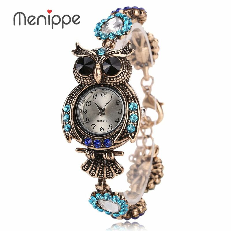 Relógio de pulso feminino bayan kol saati, relógio de pulso feminino luxuoso vintage de quartzo de coruja com pulseira brilhante