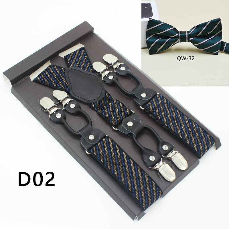 Cinturón de rayas diagonales para hombre Y mujer, conjunto de pajarita, tirantes de poliéster, 6 clips, con espalda en Y, lazo elástico ajustable