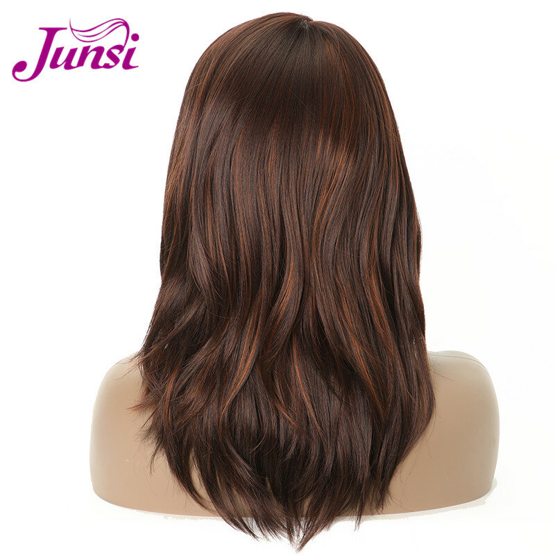 JUNSI 24 zoll Braun Lange Gewellte Synthetische Spitze Front Perücke Hohe Temperatur Faser Haar für Frauen Klassische Perücke