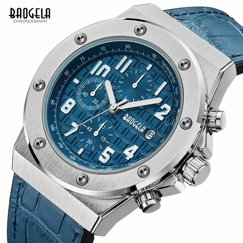 Novo relógio de quartzo baogela 2019 à prova d'água, cronógrafo casual luminoso, relógio de pulso masculino, pulseira de couro, 1805 azul