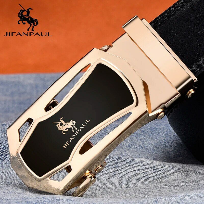 JIFANPUA men's belt fashion appearance top leather quality men business black belt alloy automatic buckle gold rim free shipping