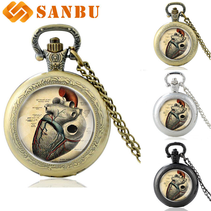 Anatomical Heart สร้อยคอนาฬิกา Vintage Bronze Men ผู้หญิง Anatomy หัวใจ Quartz นาฬิกาพ็อกเก็ตนาฬิกาโบราณจี้เครื่องประดับ