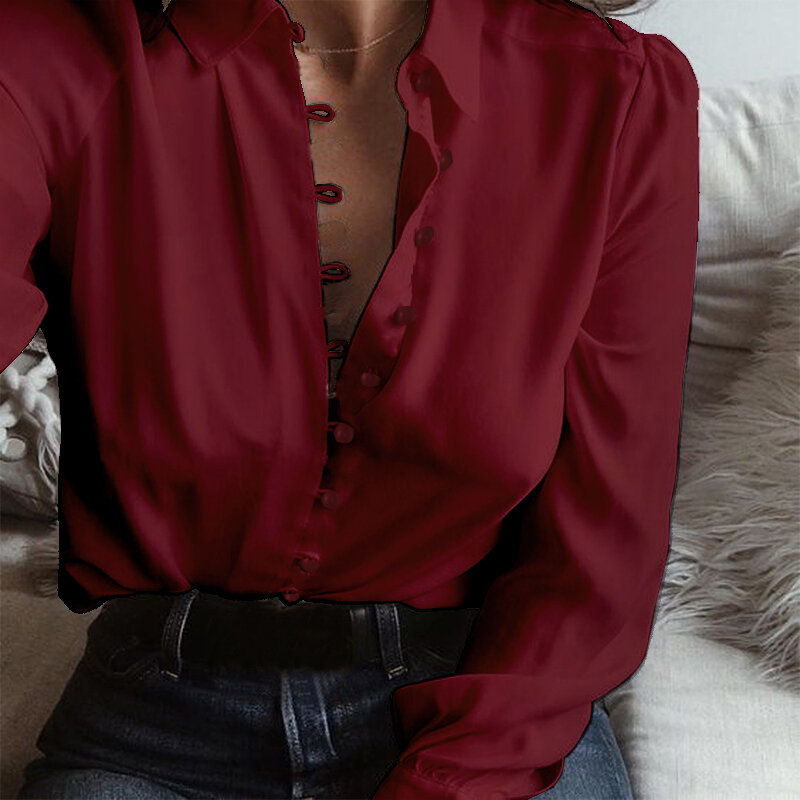 Zanzea blusa feminina manga longa com lapela e botões, camisa elegante e sensual para trabalho, escritório e festas