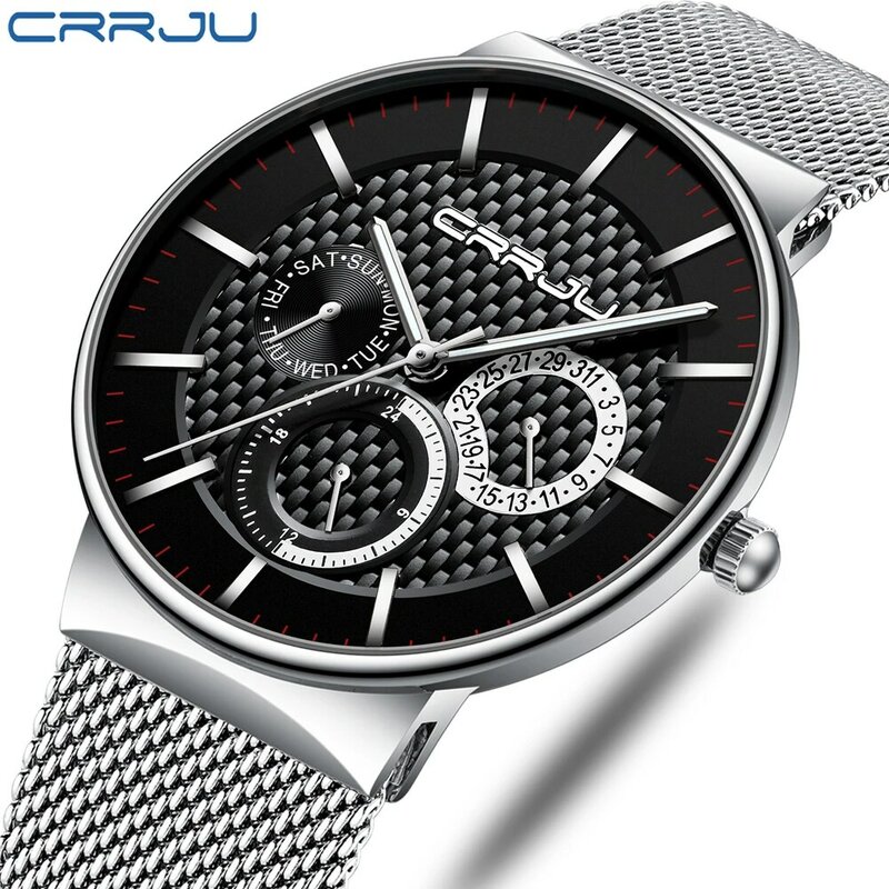 Relógio masculino luxuoso crrju, relógio de pulso minimalista impermeável com pulseira de malha fina para homens esportivos de quartzo