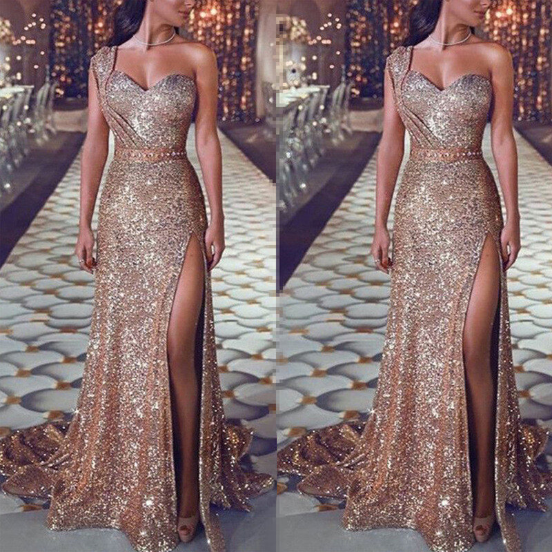 Frontseiten-schlitz Plus Größe Lange Abend Party Kleid Berühmte Marke Backless Eine Schulter Pailletten Kleid Gold Folie Drucken