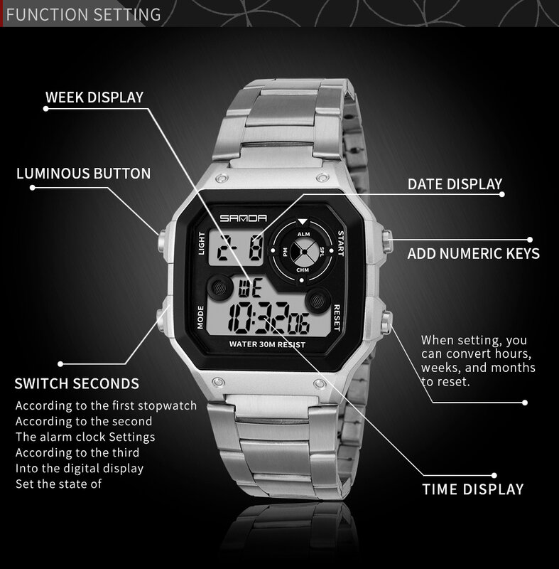 三田ビジネスの男性は、防水カジュアル腕時計ステンレス鋼デジタル腕時計時計レロジオ Masculino Erkek Kol Saati