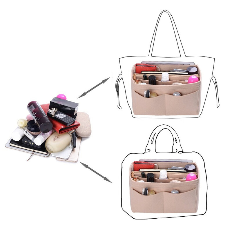New Popular Women's Makeup Organizer Felt Cloth Insert Bag Multi-functional Travel Cosmetic Bag Girl Storage Toiletry Liner Bags