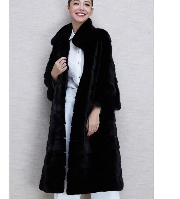 Jaqueta feminina pele de vison sintético, casaco feminino longo secção de pele artificial, sobretudo casual