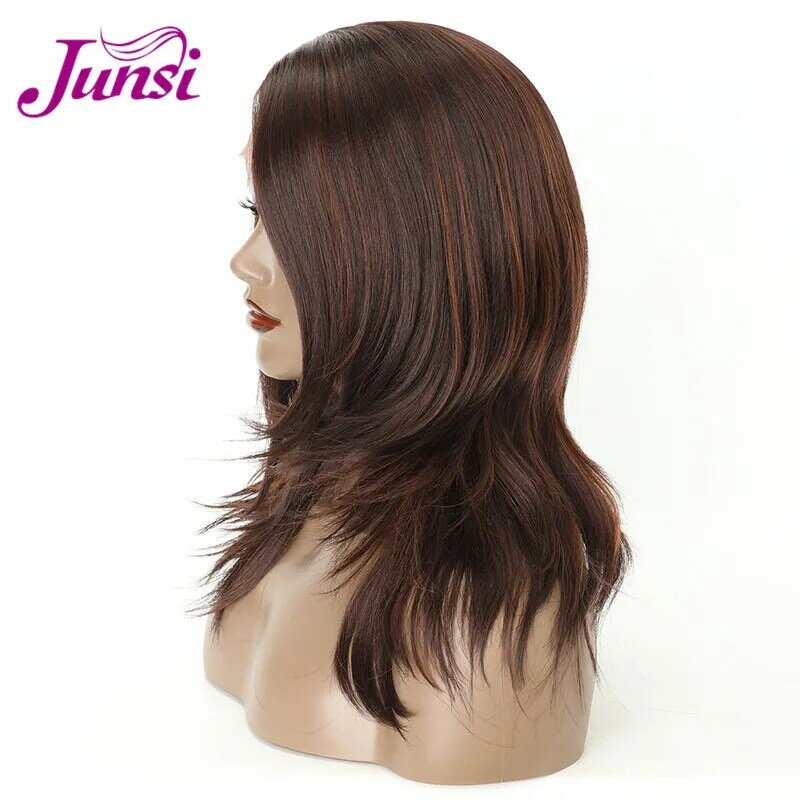 JUNSI – perruque Lace Front Wig synthétique ondulée longue brune de 24 pouces, perruque classique en Fiber de haute température pour femmes